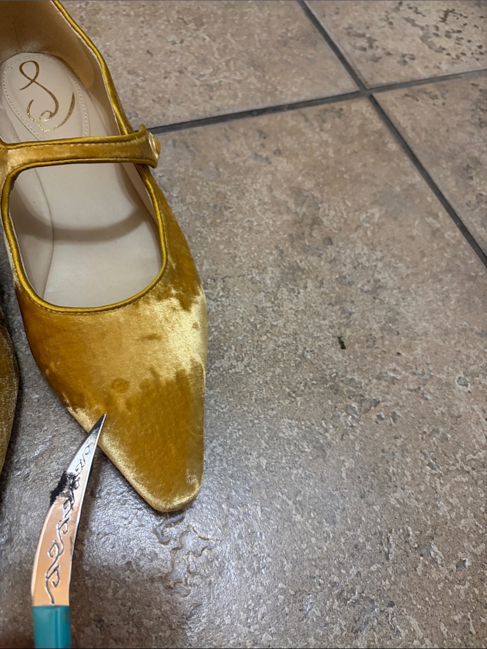 Sam Edelman Gold Velvet Mary Jane Pointed-Toe Flats - Picture 3 of 9